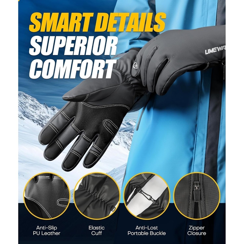UMEWARM Unisex Winter Snow Gloves Thermal 3M Thinsulate Black Large Touchscreen